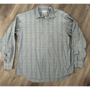 Calvin Klein 17 34/35 Regular Fit Blue Checked Button Down Long Sleeved